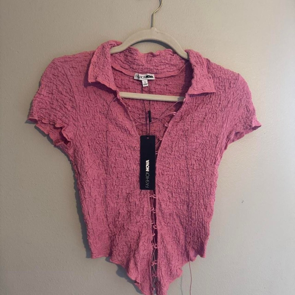 Fashion Nova pink lace-up blouse with crinkled texture, size S